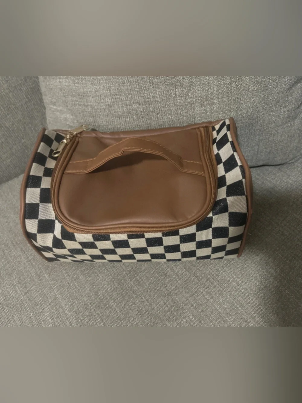 Checkerboard Canvas and Brown Faux Leather Travel Cosmetic Case